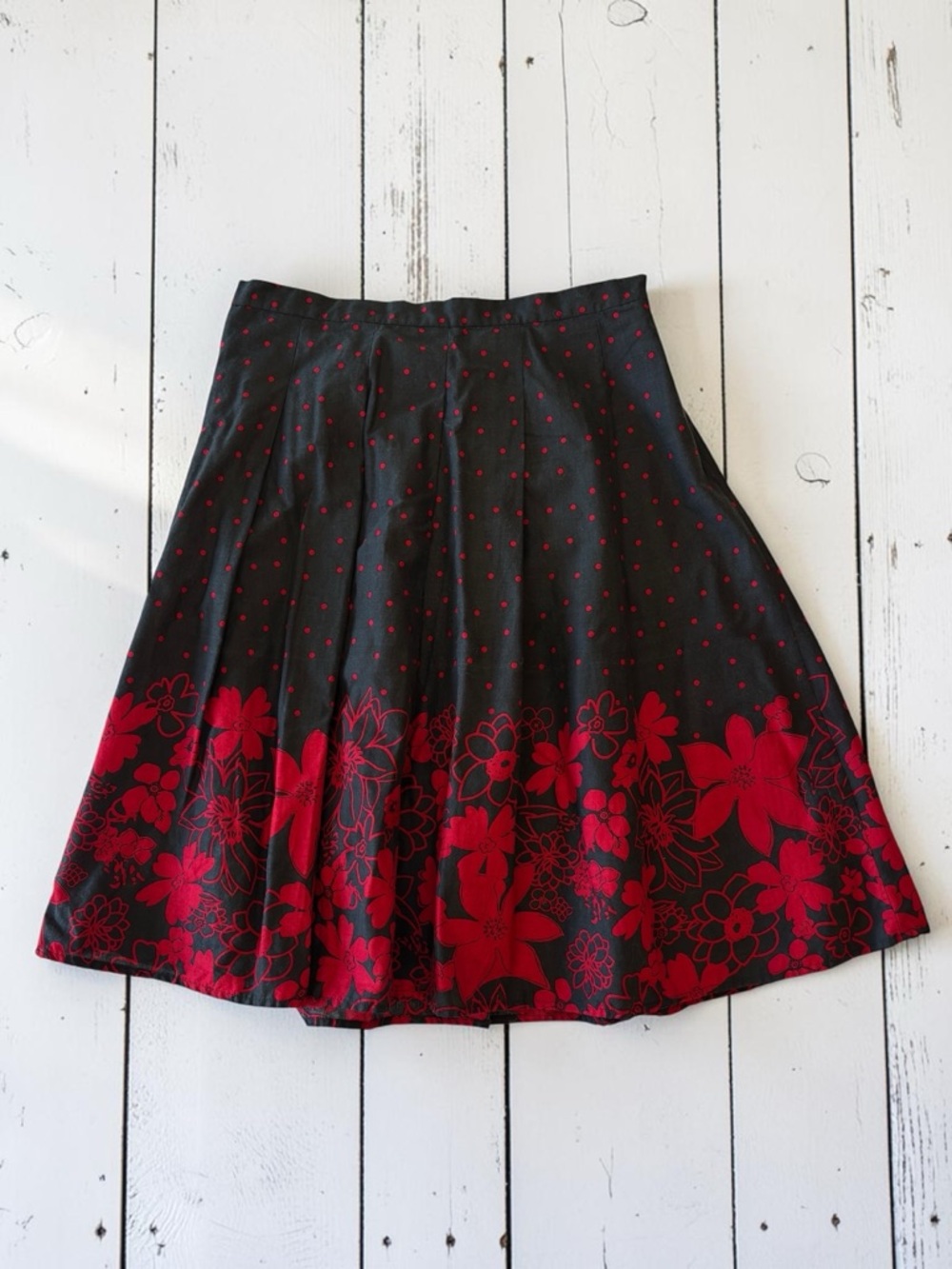 Biyaycda Black Red Polka Dot Floral Skirt A-Line Pleated Cotton Size Medium